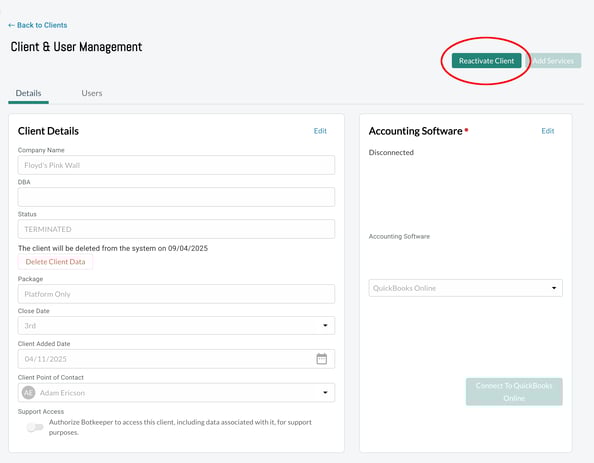 Reactivate client button