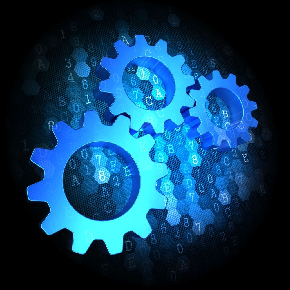 Blue Cogwheel Gear Mechanism Icon on Dark Digital Background.-1