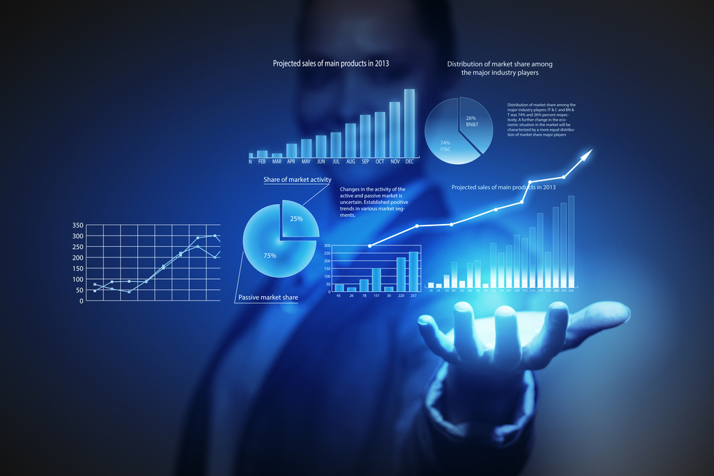 Close up of businesswoman hand presenting digital charts