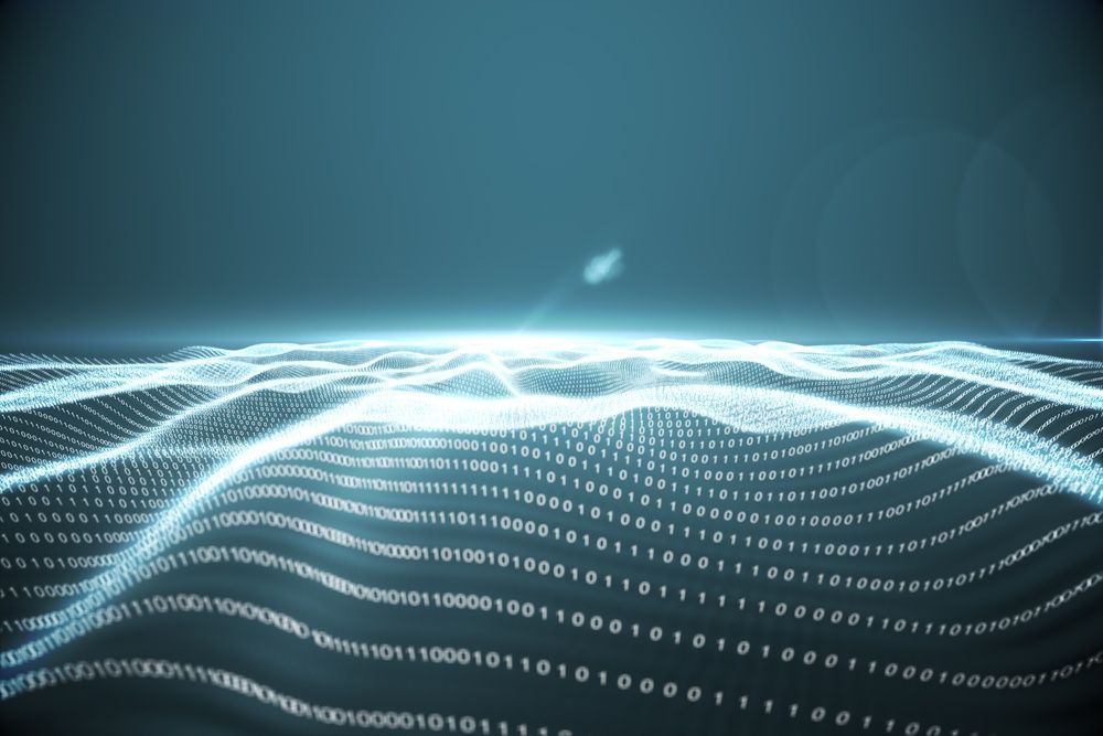 Digitally generated binary code landscape on blue background