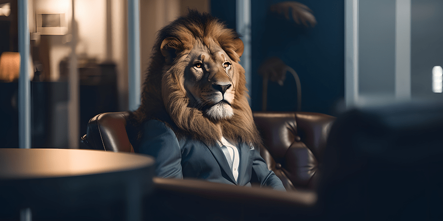 man-suit-lion-head-sits-chair
