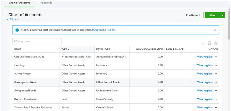 quickbooks online tutorial, chart of accounts