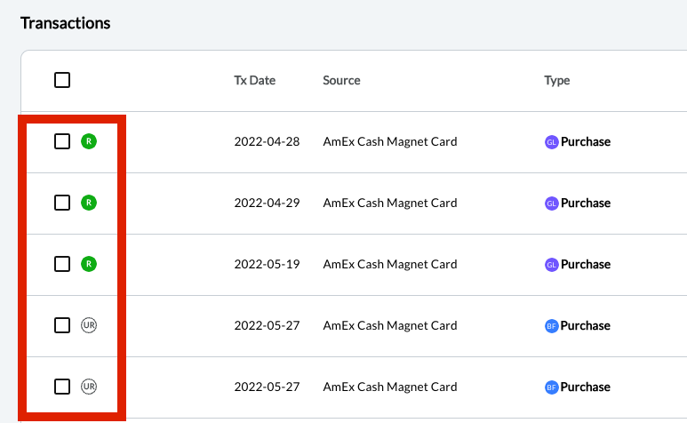 What are the R and UR indicators I see next to my transactions