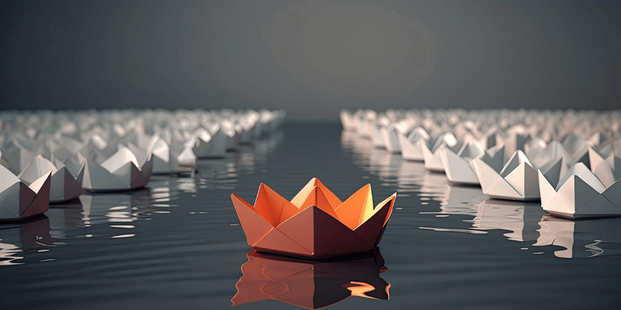 circle-paper-boats-with-one-orange-individual-3d-art-style-with-generative-ai-technology