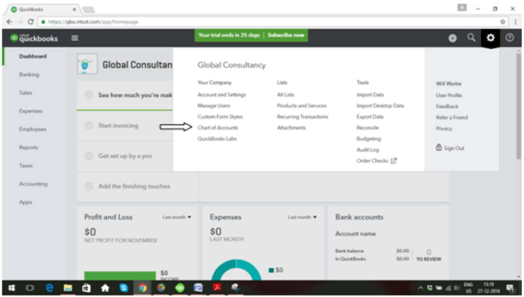 quickbooks online tutorial, chart of accounts